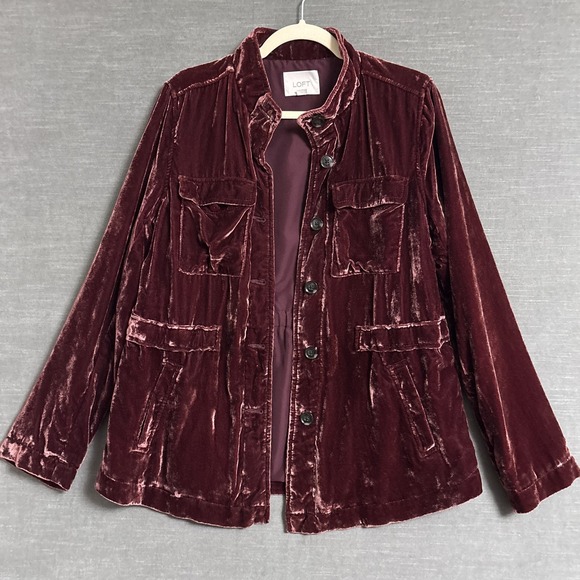 Loft Jacket S Burgundy Velvet Utility Fall Layering Shacket Top Casual Boho - Picture 1 of 9